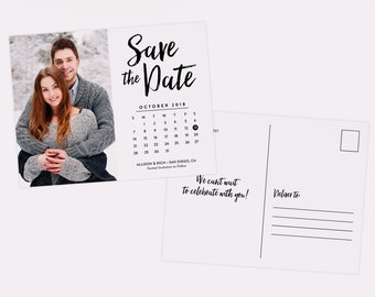 Calendar Save the Dates, Postcard Calendar Save the Dates, Black and White Save the Dates, Simple Save the Dates, Printable Save the Dates