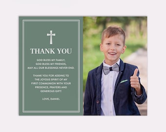 Green First Communion Thank You Card with Photo, Printable File or Printed and Shipped Cards, Customizable Colors and Personalized Text