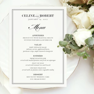 Wedding Menu Card, Dinner Menu, Calligraphy Menu Card, Script Menu, Simple, Elegant, Printable Menu, Printed Menus, Black and White, Celine
