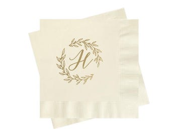 Monogram Wedding Napkins | Personalized Decor with Wreath and Last Initial | Gold and Ivory Theme