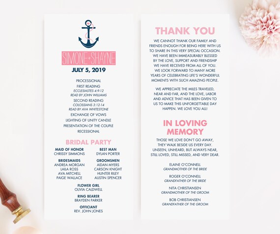 Anchor Wedding Program Nautical Wedding Program Printable Etsy