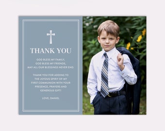 Blue Photo First Communion Thank You Card, Printable File or Printed Shipped Cards, Customizable Colors and Personalized Text, Simple Design