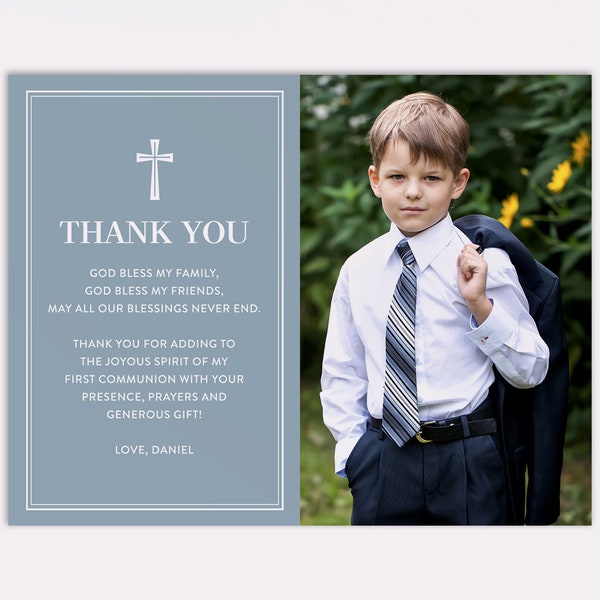 Blue Photo First Communion Thank You Card, Printable File or Printed Shipped Cards, Customizable Colors and Personalized Text, Simple Design