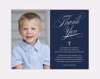 Photo First Communion Thank You Card in Navy Blue, Modern Design, Printable File or Printed Shipped Cards, Customizable Colors and Fonts