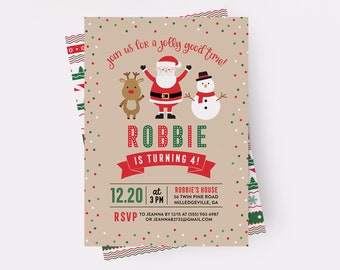 May include: A Christmas-themed birthday invitation for Robbie's 4th birthday party. The invitation features a cartoon Santa Claus, a reindeer, and a snowman. The invitation is decorated with red and green polka dots and a red ribbon with the text "Robbie is turning 4!" The invitation includes the date, time, and location of the party, as well as RSVP information.