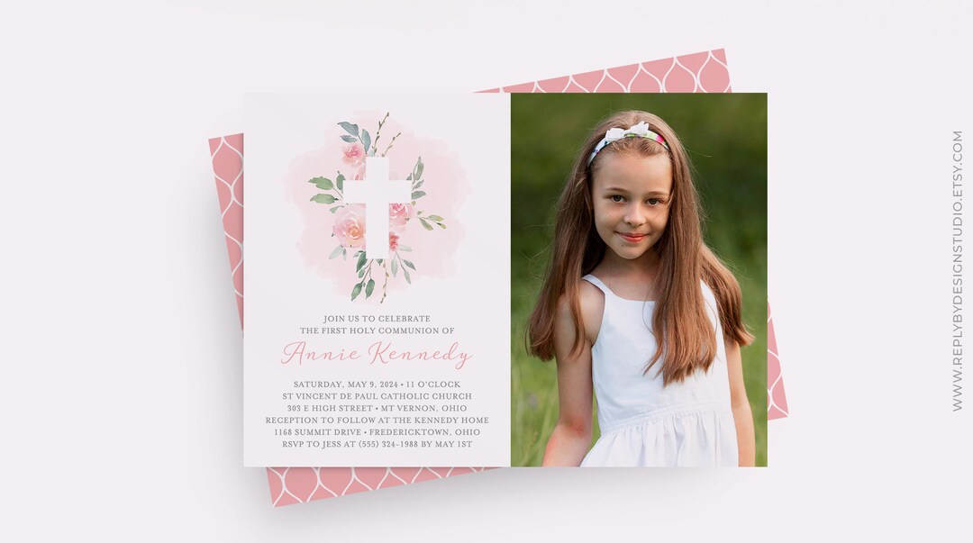 Pink Floral Cross Communion Invitation With Photo, Girl First Holy ...