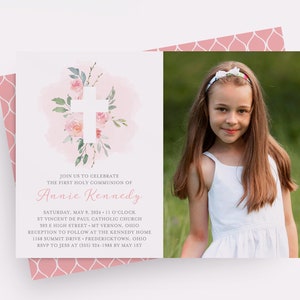 Pink Floral Cross Communion Invitation with Photo, Girl First Holy Communion Invite, Printable Communion Invite, Printed Communion Invites