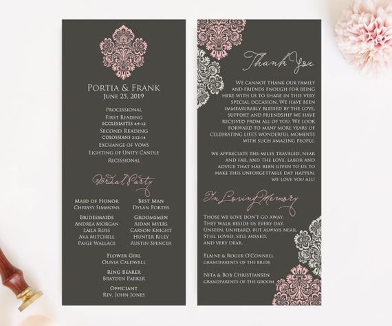 Damask Wedding Program Gray And Pink Wedding Program Etsy