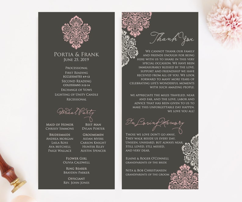 Damask Wedding Program Gray And Pink Wedding Program Etsy