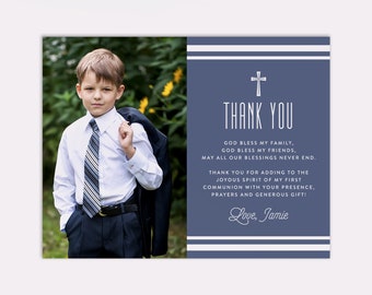 Photo First Holy Communion Thank You Card, Printed Communion Thank You Cards, Printable Communion Thank You, Editable, Navy Blue, Modern