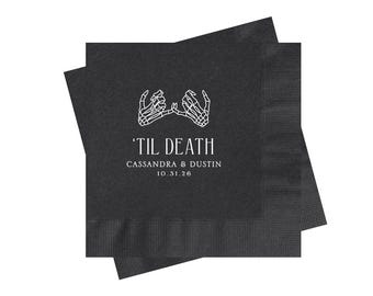 Halloween Wedding Napkins, Skeleton Hands, Pinky Promise, &#39;Til Death do Us Party, Personalized Names, Black and White, Elegant and Formal