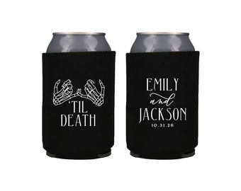Til Death Can Coolers - Personalized Halloween Wedding Party Favors - Skeleton Hands - Rehearsal Dinner Engagement Party or Welcome Party