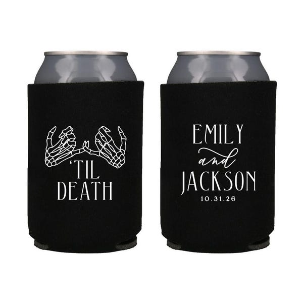 Til Death Can Coolers - Personalized Halloween Wedding Party Favors - Skeleton Hands - Rehearsal Dinner Engagement Party or Welcome Party