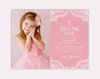 Photo Pink First Communion Thank You Card, Traditional and Elegant Lace Design, Printable or Printed Cards, Customizable and Personalized