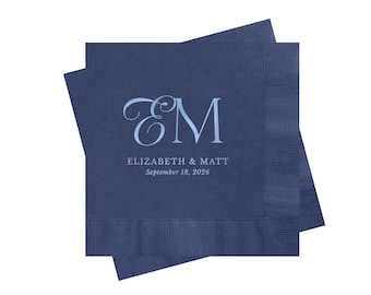 Navy Blue Monogram Wedding Napkins, Cocktail or Bar Napkins, Modern Monogram Design, Personalized and Customized, Light Blue Foil, Unique