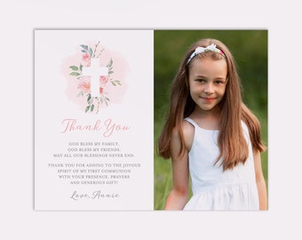 Photo First Communion Thank You Card with Floral Cross, Elegant, Feminine, Printed and Shipped, Simple First Holy Communion Thank You, Pink