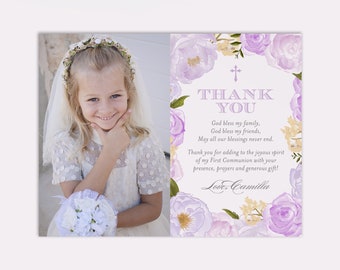 Photo Communion Thank You Card with Purple Watercolor Flowers, Printable or Printed Cards, Customizable and Personalized Colors and Fonts