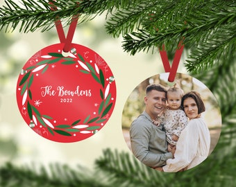 Family Christmas Ornament with Photo, Annual Christmas Ornament, Merry and Bright, Double Sided Ornament with Family Picture, Customizable