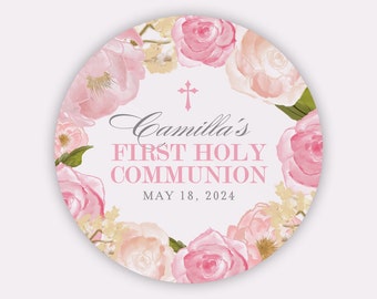 Girl First Communion Stickers, Pink Floral Favor Labels, Decor for First Holy Communion Party, Communion Favor Ideas, Watercolor Design