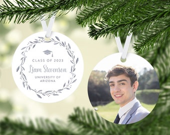 Double-sided Photo Graduation Ornament, Elegant Wreath Design, Affordable Gift Ideas for High School or College Graduate, Gender Neutral