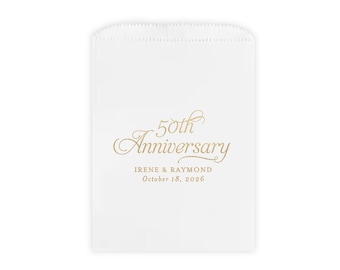 50th Anniversary Party Favor Bags - Treat Bags for Candy Buffet or Sweet Table - Golden Anniversary Party Decor - White Bags - Gold Foil