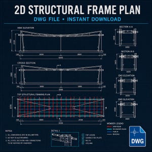 2D Structural Frame Plan DWG File, Steel Canopy AutoCAD Drawing, Editable CAD Detail, Instant Digital Download