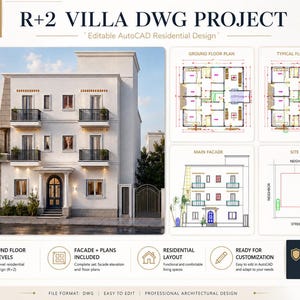 Peut inclure: Un projet architectural de villa R+2 au format DWG comprenant une conception de bâtiment résidentiel de trois étages avec une façade blanche, des balcons et des plans d'étage AutoCAD détaillés, des plans de rez-de-chaussée et des plans de masse.