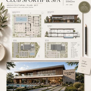 Może przedstawiać: Cyfrowy zestaw planów architektonicznych dla Club Sportif & Spa, zawierający rzut parteru, plan zagospodarowania terenu, rzut dachu, elewację frontową i przekrój. Dokument zawiera przegląd projektu oraz wizualizację nowoczesnego budynku.