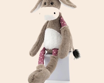 Cute Donkey Plushie Floppy Ears, Taupe Brown Farm Animal Soft Toy, Newborn Comfort Teddy, Christening Keepsake, Fun Toddler Birthday Present