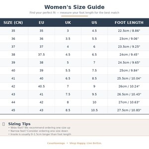 May include: A shoe size guide titled "Women's Size Guide" with measurements in centimeters and inches. The chart includes sizes from 35 to 45 (CN), with corresponding EU, UK, and US sizes, and foot lengths ranging from 22.5cm/8.86" to 27.5cm/10.83".