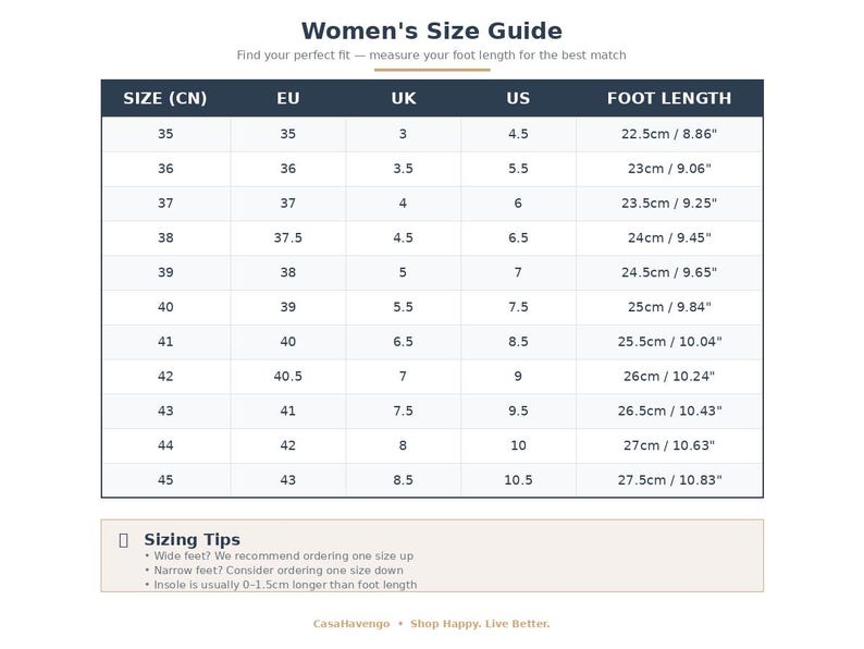 May include: A shoe size guide titled "Women's Size Guide" with measurements in centimeters and inches. The chart includes sizes from 35 to 45 (CN), with corresponding EU, UK, and US sizes, and foot lengths ranging from 22.5cm/8.86" to 27.5cm/10.83".