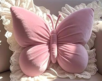 Velvet Butterfly Cushion with Lace Trim, 3D Shaped Decorative Throw Pillow for Sofa, Girls Room Decor Birthday Gift for Her