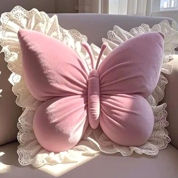 Velvet Butterfly Cushion with Lace Trim, 3D Shaped Decorative Throw Pillow for Sofa, Girls Room Decor Birthday Gift for Her