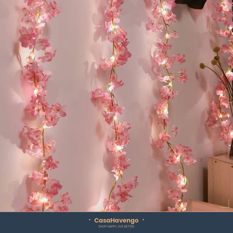 Cherry Blossom Fairy Lights, Pink Flower Vine String Lights for Bedroom, Boho Room Decor, Wedding Decoration, Romantic Gift for Her image 1