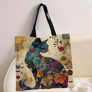 Patchwork Floral Cat Tote Bag, Canvas Shoulder Shopper for Women, Retro Maximalist Reusable Grocery Bag, Eclectic Boho Book Bag