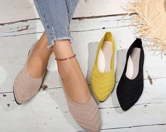 Dambalettskor med spetsiga tå, stickade slip-on-skor, andningsbara, bekväma vardagsskor, present till henne