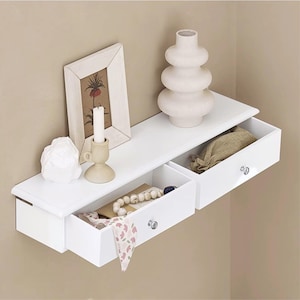 Kompakt flytande trähylla med lådor, väggmonterat nattduksbord, sängbord med dold förvaring, modern minimalistisk entréinredning