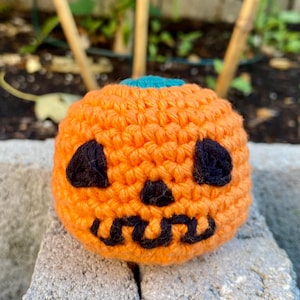 May include: A round, orange crocheted pumpkin with a teal stem. The pumpkin features a stitched face with two black triangular eyes, a small black triangular nose, and a wide, jagged black mouth made of yarn.