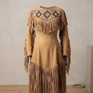 Boho Suede Leather Fringe Dress | Native Southwestern Beaded Cowgirl Dress | Western Fashion, Country Festival Suede Outfit
