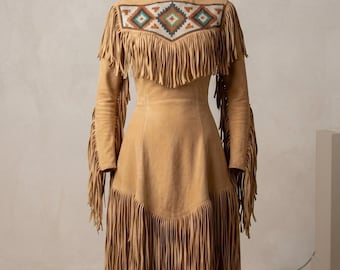 Boho Suede Leather Fringe Dress | Native Southwestern Beaded Cowgirl Dress | Western Fashion, Country Festival Suede Outfit