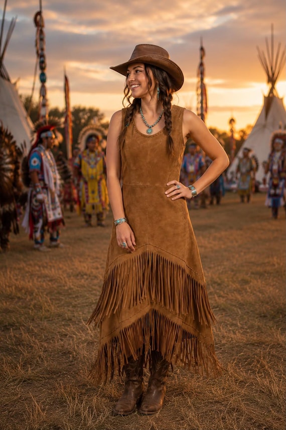 Women Tan Fringe Maxi Dress, Western Suede Dress, Cowgirl Festival Outfit, Boho Western Dress, Rodeo Clothing