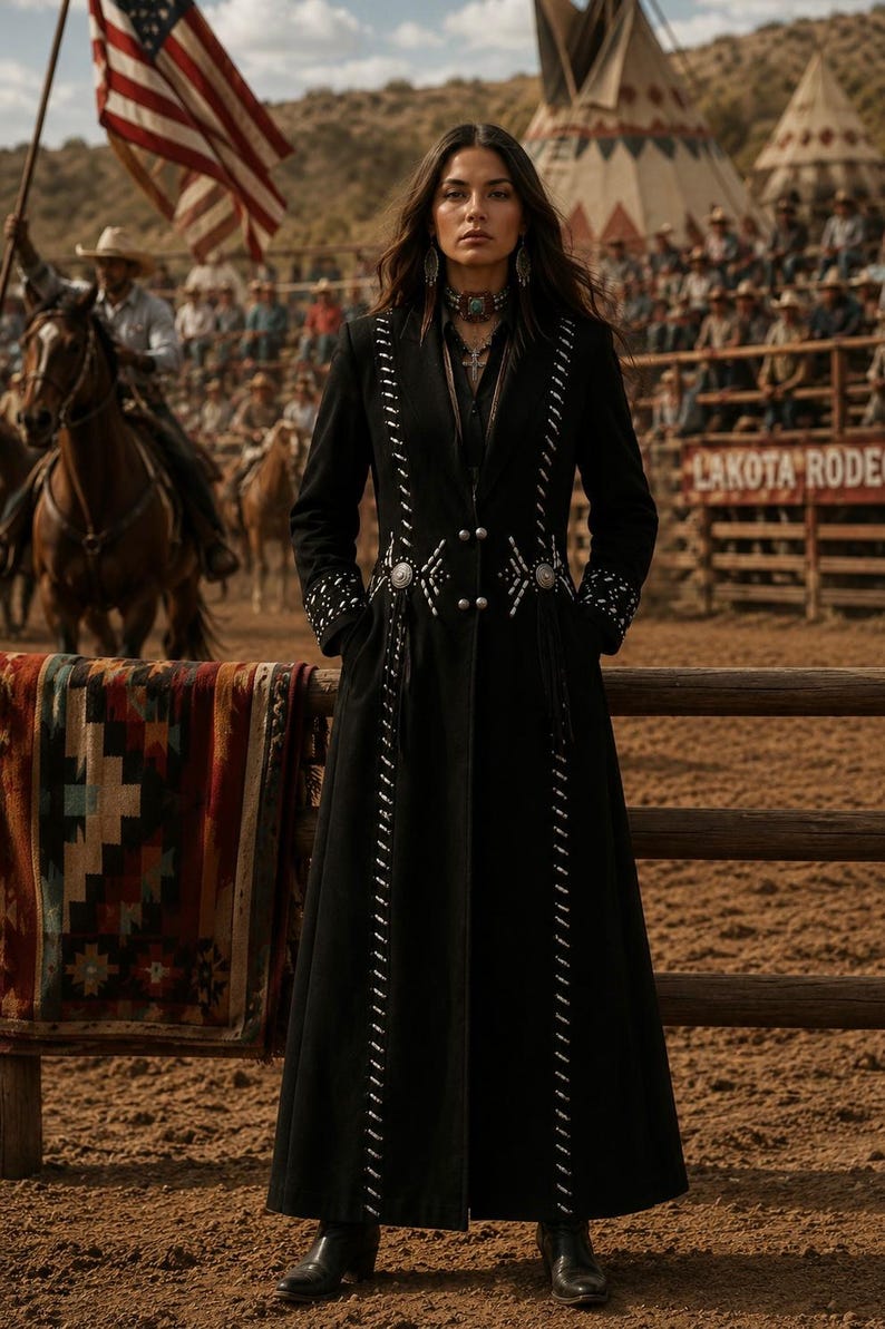 May include: A long black coat with white stitching and silver embellishments. The coat features a detailed design around the waist and along the front edges. The background shows a rodeo with an American flag and the words "LAKOTA RODEO".