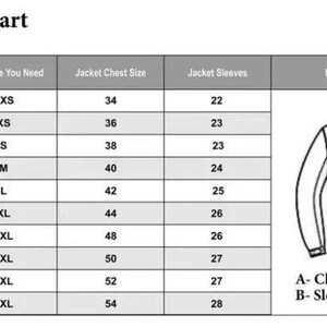 May include: A women's size chart with measurements in inches. The chart includes sizes from XXS to 5XL, with corresponding jacket chest and sleeve measurements. A diagram illustrates how to measure chest circumference and sleeve length.