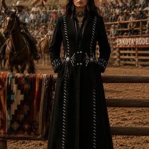 May include: A long black coat with white stitching and silver embellishments. The coat features a detailed design around the waist and along the front edges. The background shows a rodeo with an American flag and the text "LAKOTA RODEO".