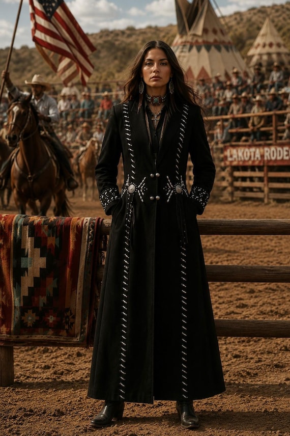 Women Powwow Regalia Black Suede Leather Wedding Dress Maxi - Native American Beaded Coat