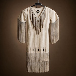 May include: Beige dress with fringe detailing. The dress features a V-neckline with fringe, long sleeves with fringe, and tiered fringe at the hem. A black triangle logo is at the neckline. The dress is hanging on a black hanger.