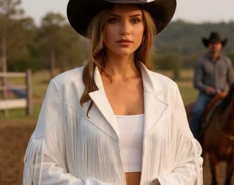 Westernkleding dames wit leren jack met franje - traditionele vintage stijl cowgirljack