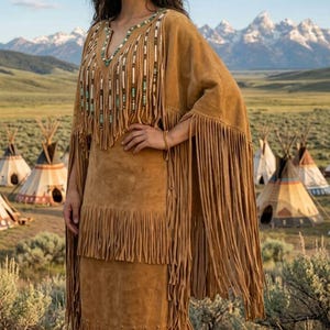 Könnte beinhalten: Eine Frau trägt ein beigefarbenes Wildleder-Fransenkleid und einen Umhang, verziert mit türkisfarbenen und weißen Perlen. Das Outfit erinnert an indianische Kleidung, vor dem Hintergrund von Bergen und Tipis.