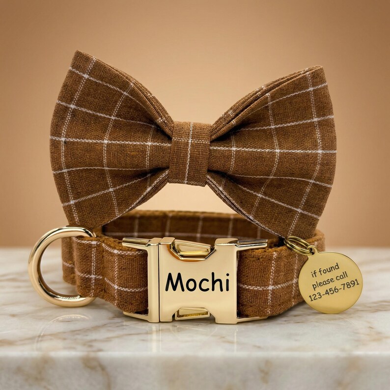 Wedding Dog Collar With Bow Tie, Personalized Plaid Collar Set,