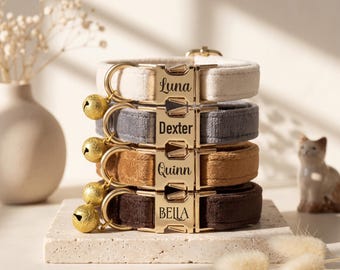 Engraved Cat Collar, Personalized Velvet Collar with Gold Buckle